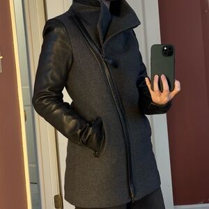 Mackage XS Asymmetric Wool Cashmere coat,  Leather Sleeves, Detachable Hood